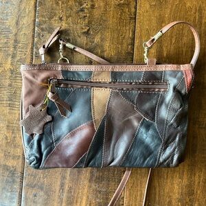 Vintage 80’s hippie bohemian brown leather patchwork crossbody bag 12” x 7”